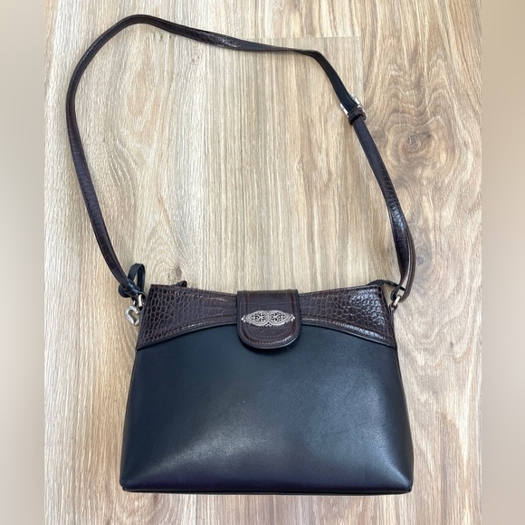 BRIGHTON Black Pebble Leather & Brown Croc Medium Shoulder Bag FREE GIFT - Picture 5 of 8